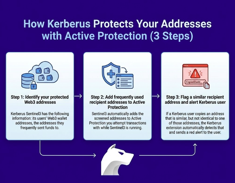 Kerberus Active Protection 3 Steps: Visual guide showing the 3-step process of how Active Protection stops address poisoning