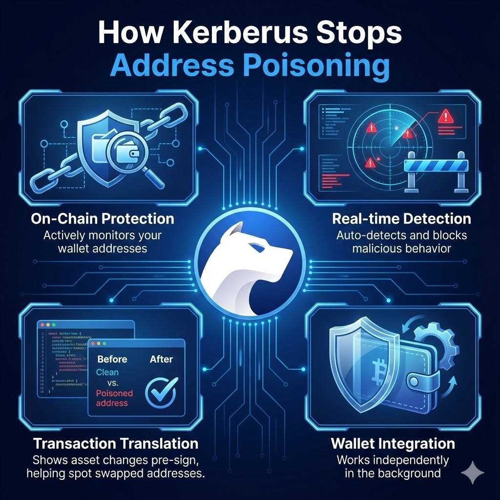 Kerberus Address Poisoning Protection: Visual showing how Kerberus protects against address poisoning attacks