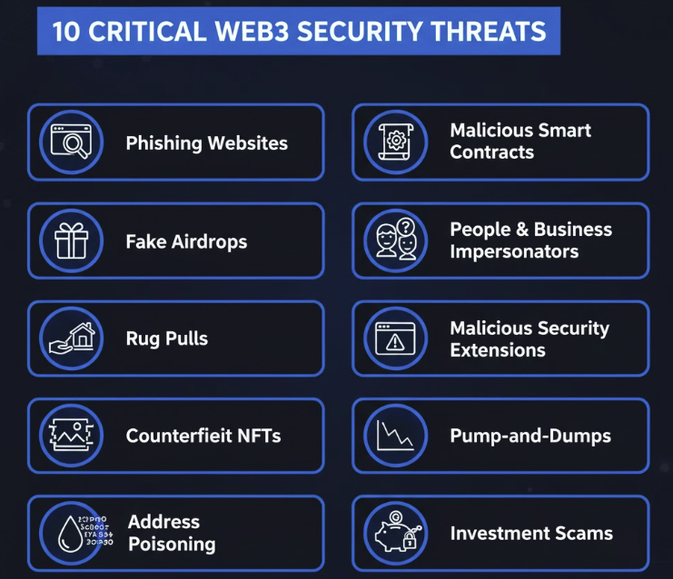 Common Web3 Security Threats: Infographic showing the top 10 Web3 security threats including phishing, airdrop scams, rug pulls, and more