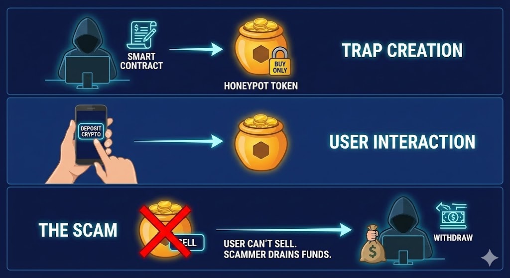 Honeypot contracts scam illustration